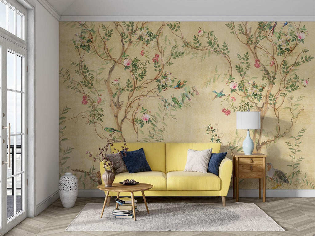 Vintage Floral Mural Wallpaper | Birds and Roses Chinoiserie Design