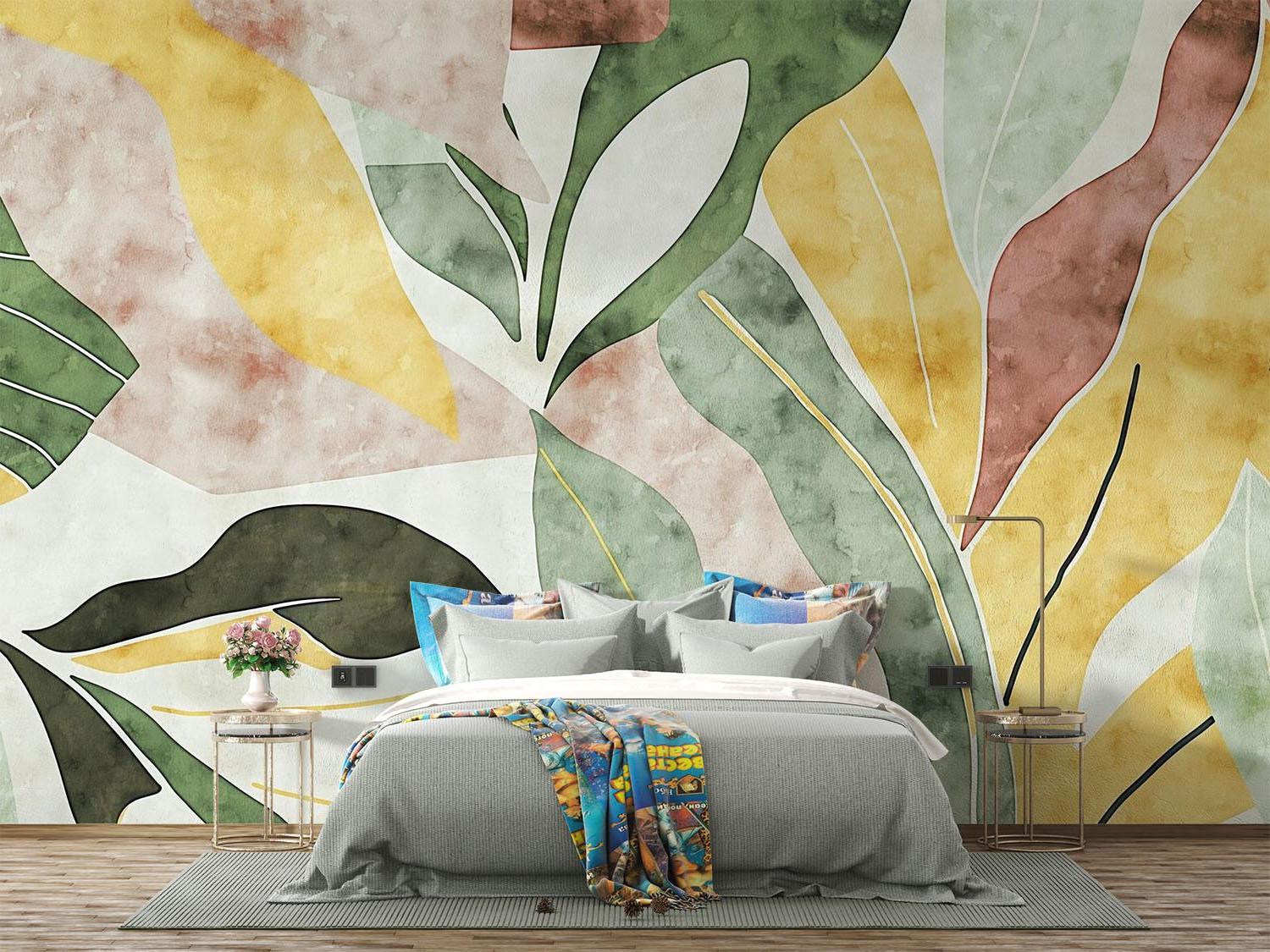 Tropical Mural Wallpaper | Abstract Watercolor Leaves in Yellow and Green