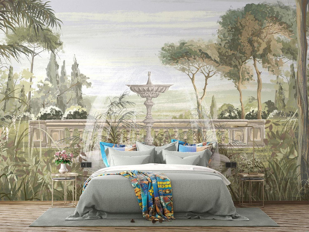 Garden Mural Wallpaper | Vintage Fountain With Palm Trees