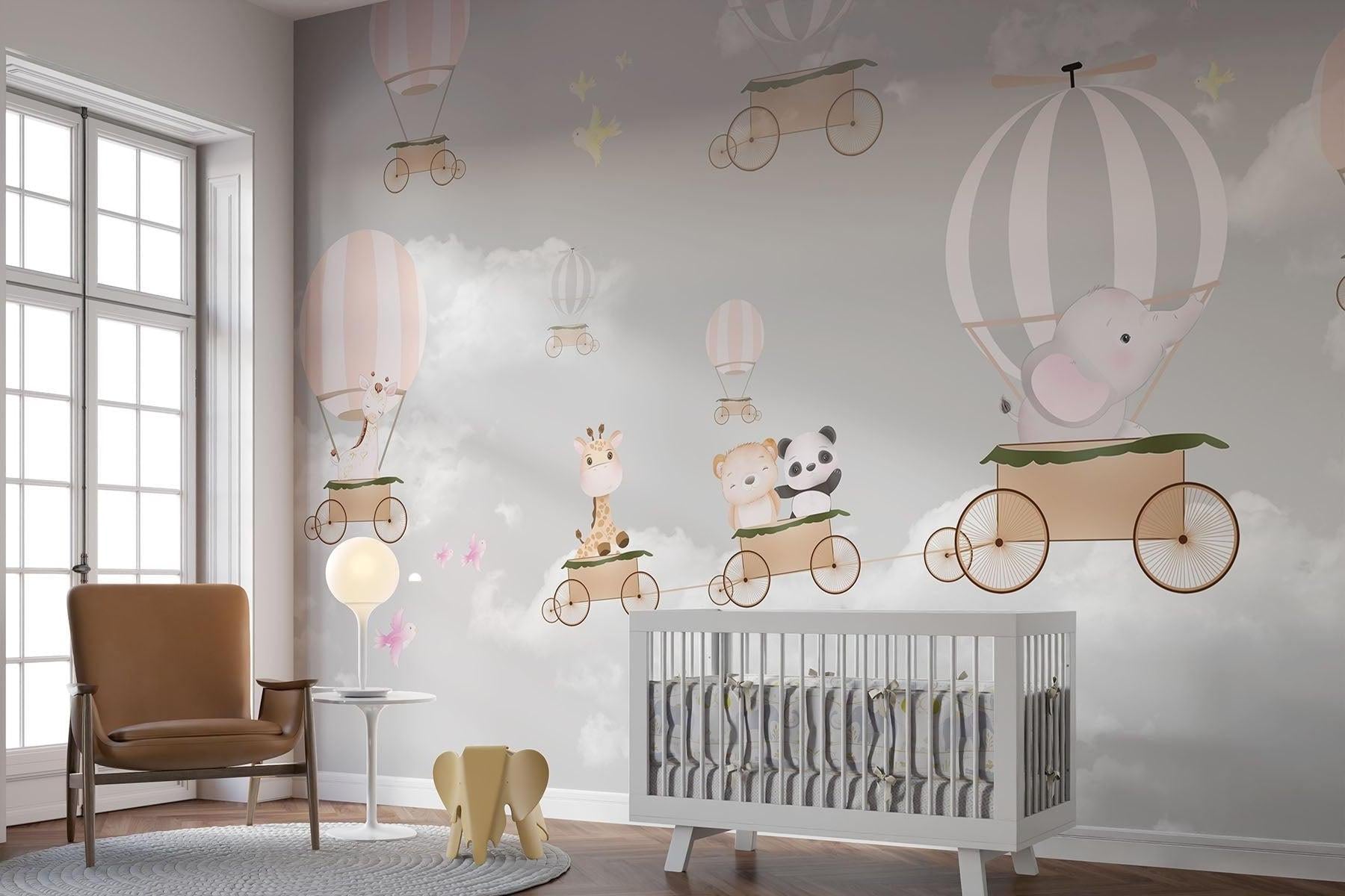 Hot Air Balloon Mural Wallpaper | Animal Adventure in Pink and Grey