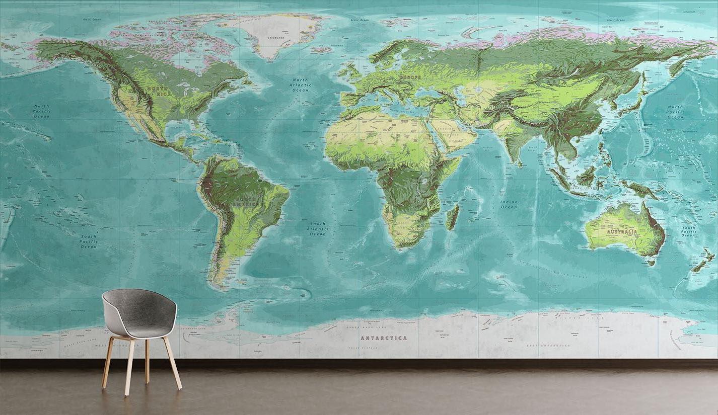 World Map Mural Wallpaper | Topographical Design in Turquoise and Green