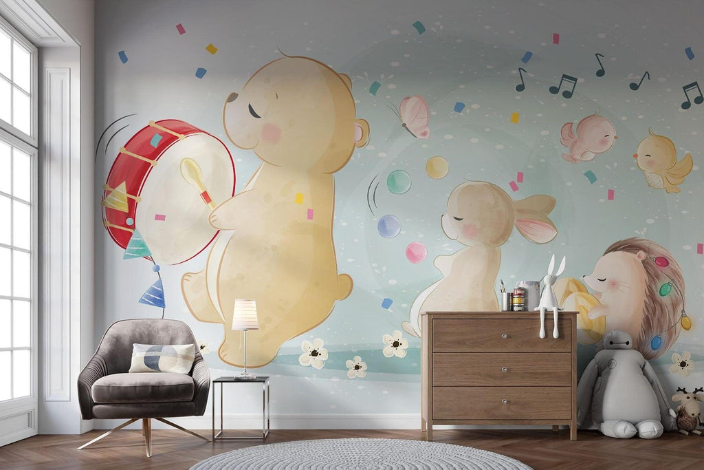 Musical Animals Mural Wallpaper | Playful Nursery Band with Bear and Bunny