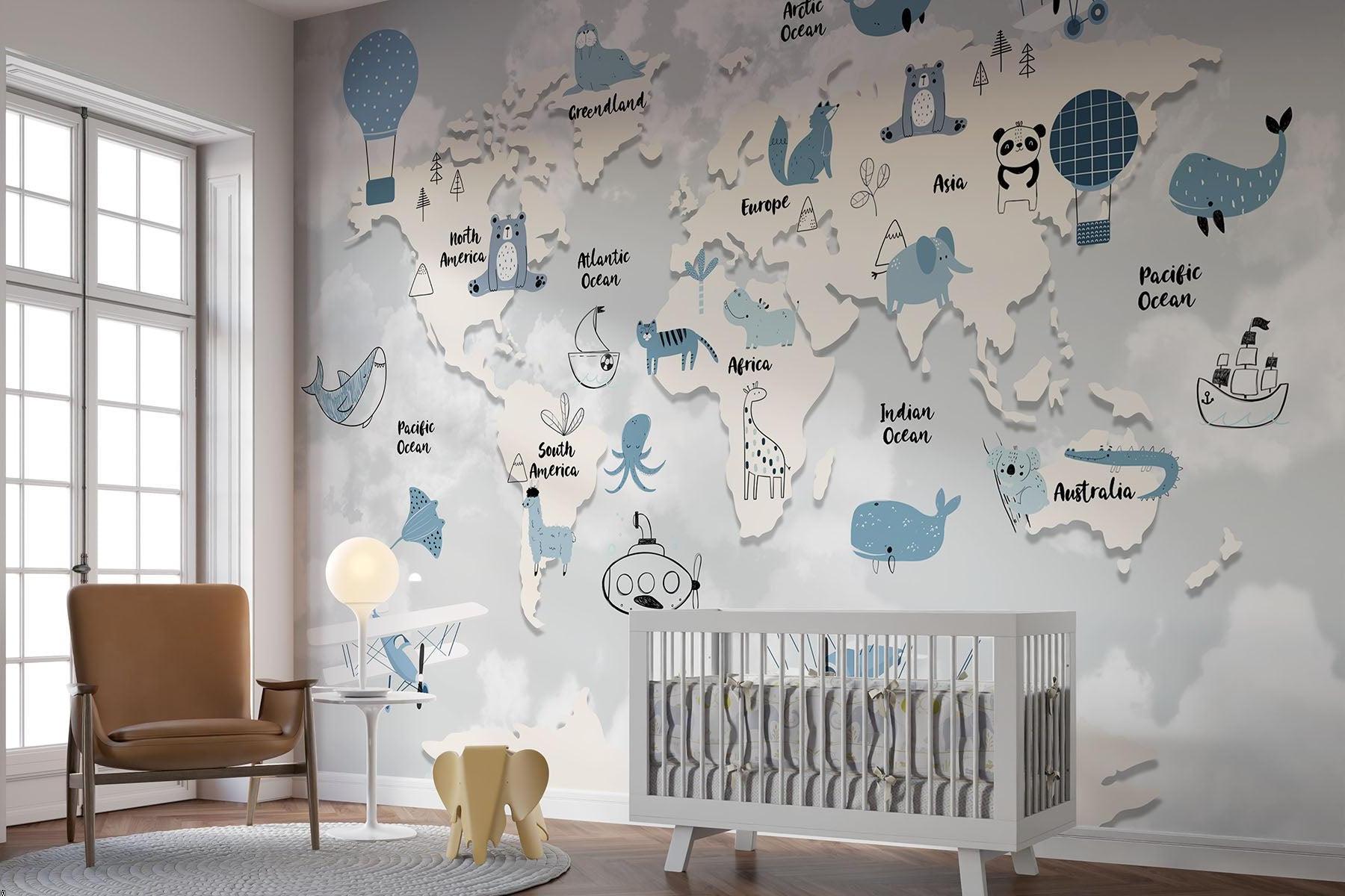 World Map Mural Wallpaper | Kids Adventure With Animals and Hot Air Balloons