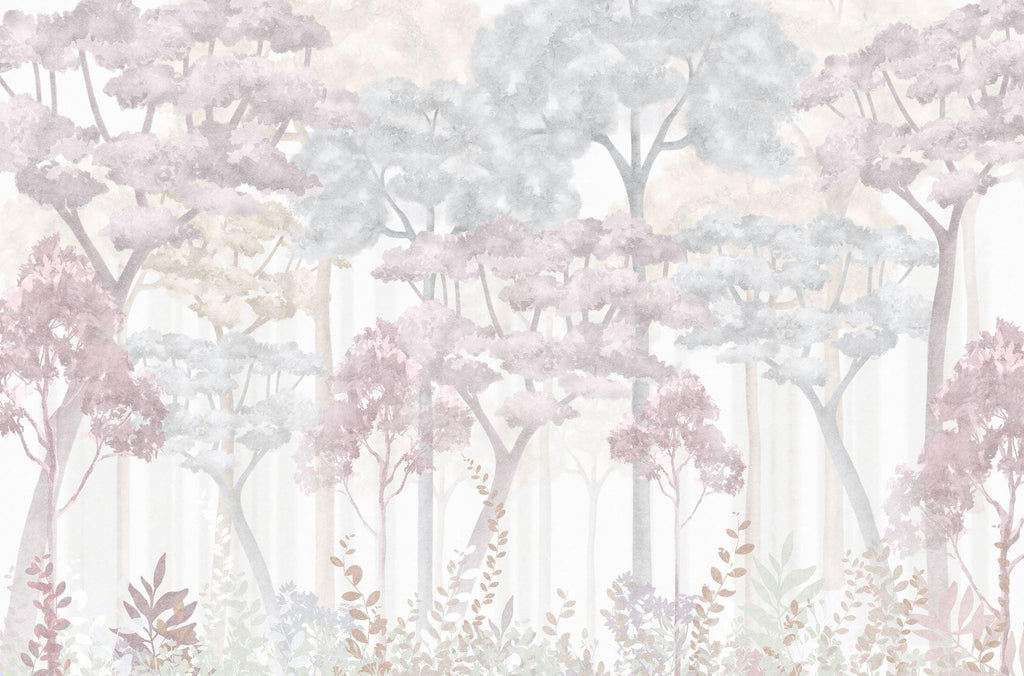 Forest Mural Wallpaper | Dreamy Pink and Grey Watercolor Trees