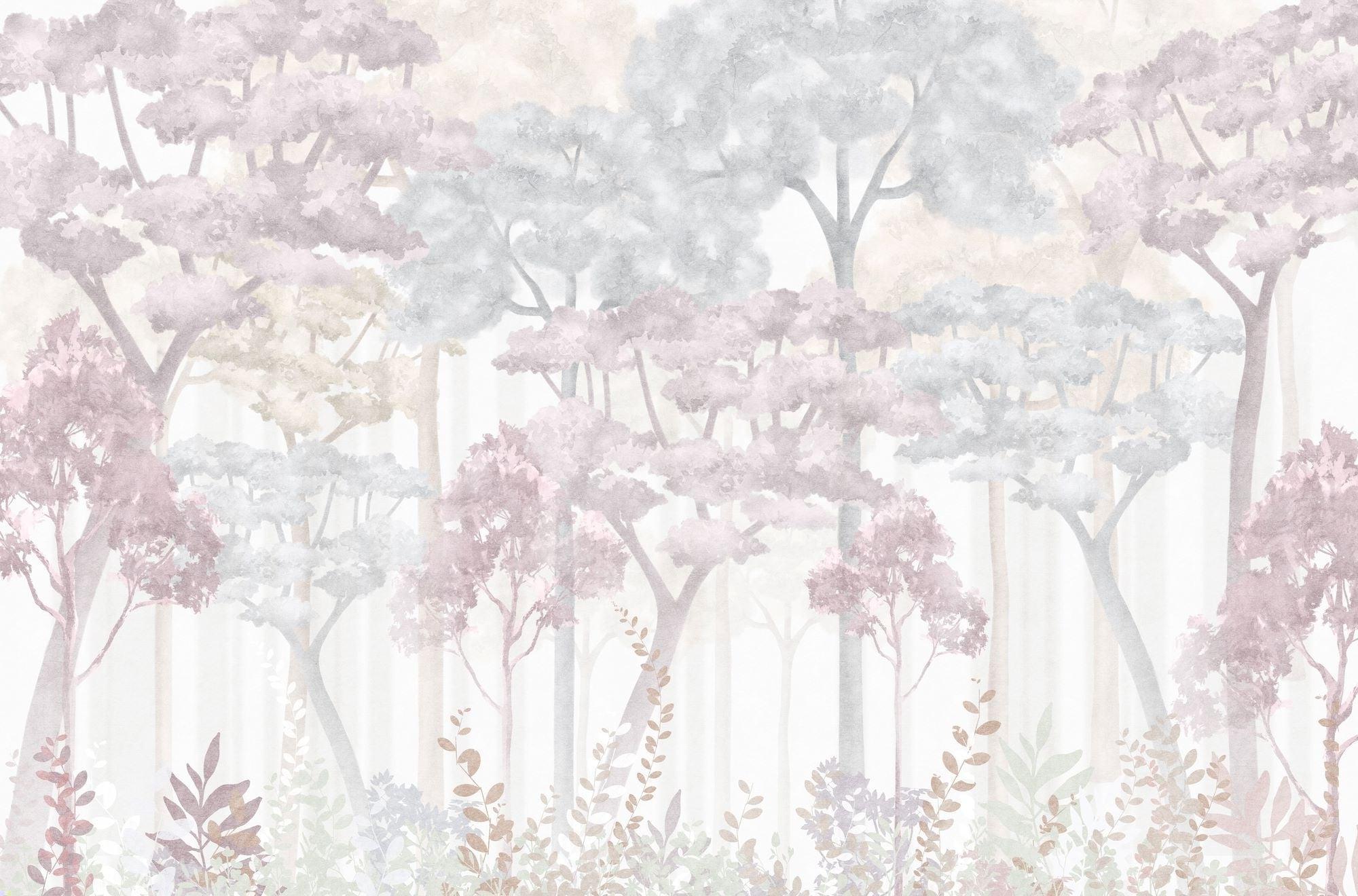 Forest Mural Wallpaper | Dreamy Pink and Grey Watercolor Trees