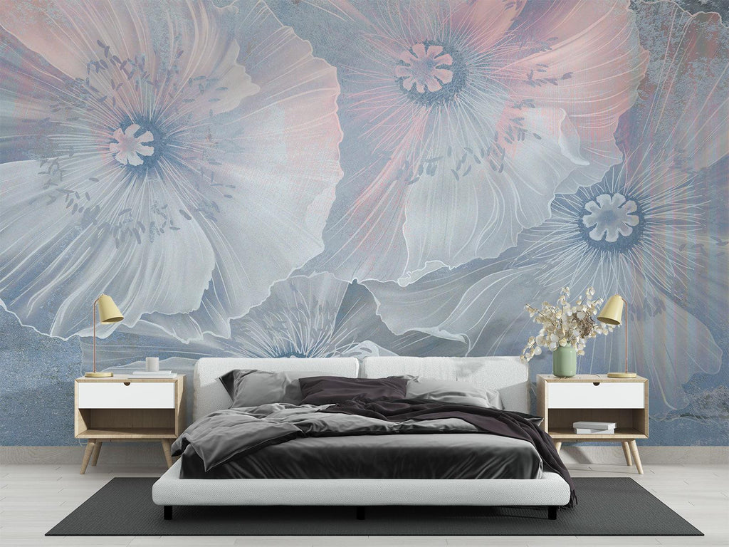 Floral Mural Wallpaper | Ethereal Blue and Pink Poppies
