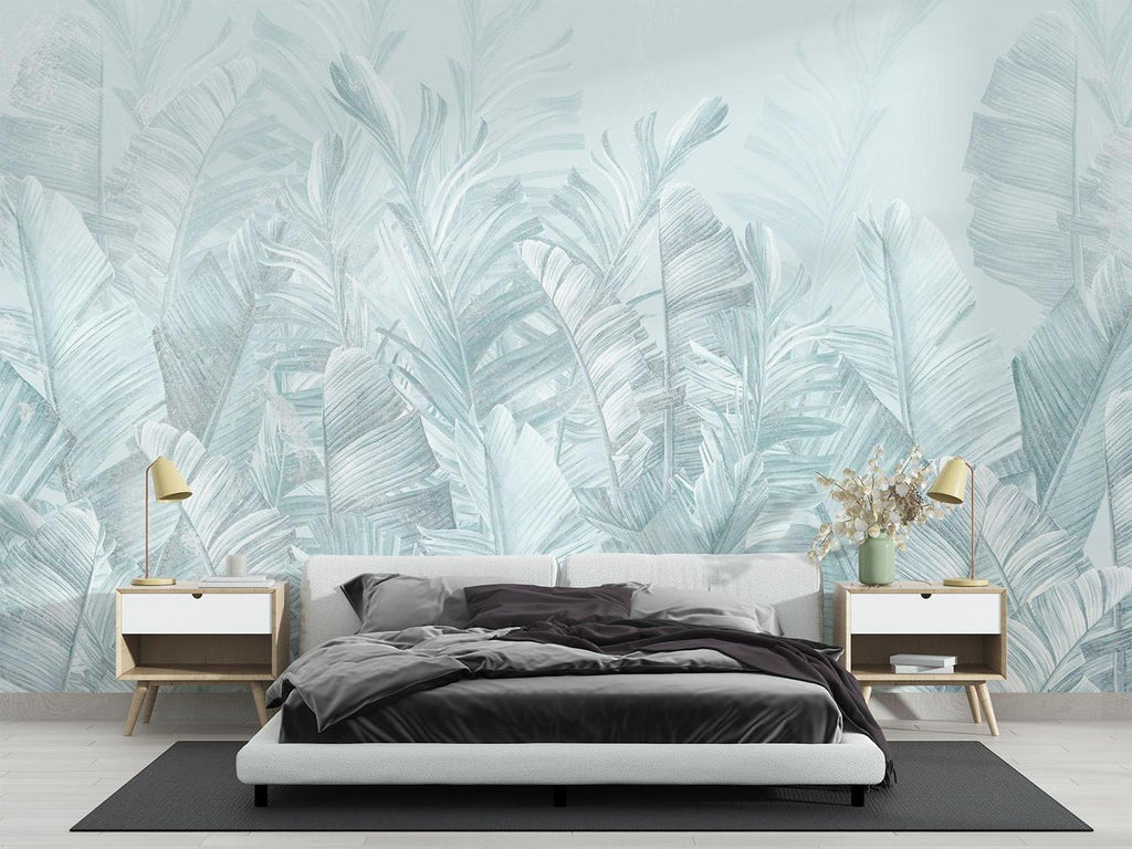 Tropical Mural Wallpaper | Soft Blue Palm Leaves Design