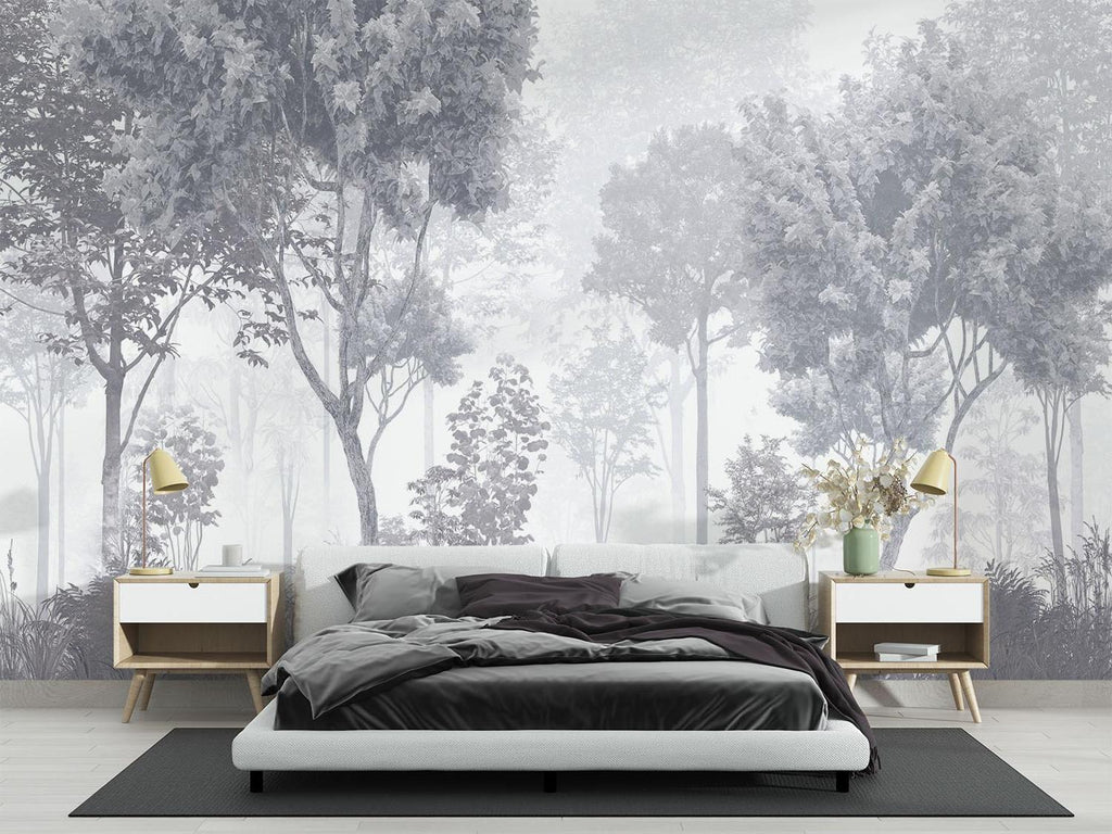 Forest Mural Wallpaper | Misty Grey Tree Landscape