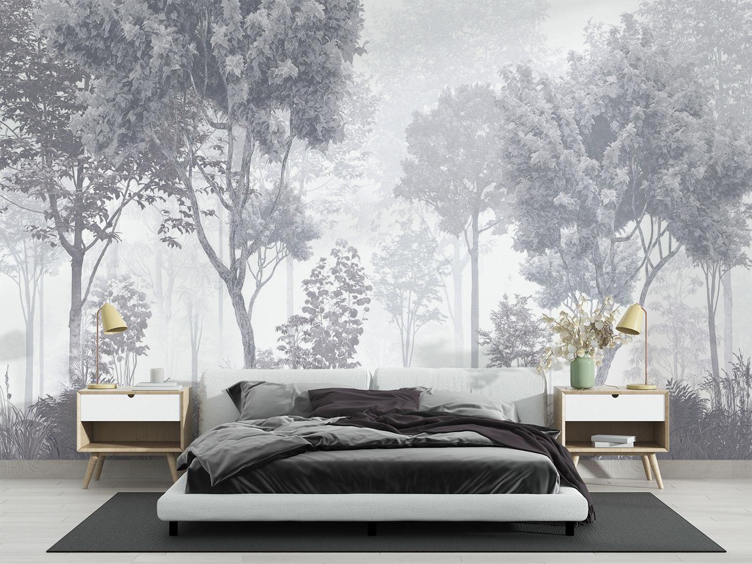 Forest Mural Wallpaper | Misty Grey Tree Landscape
