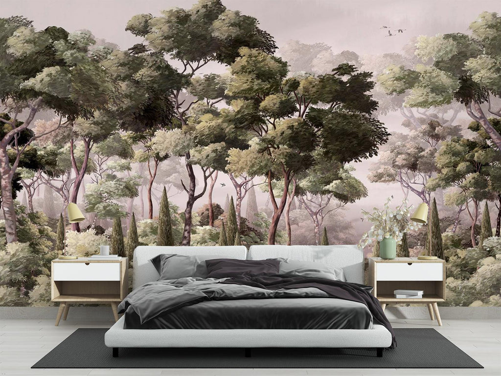 Forest Mural Wallpaper | Misty Green Woodland Scene
