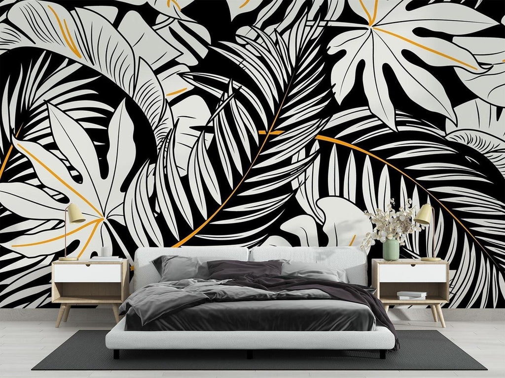 Tropical Mural Wallpaper | Black and White Monstera with Gold Accents