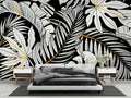 Tropical Mural Wallpaper | Black and White Monstera with Gold Accents