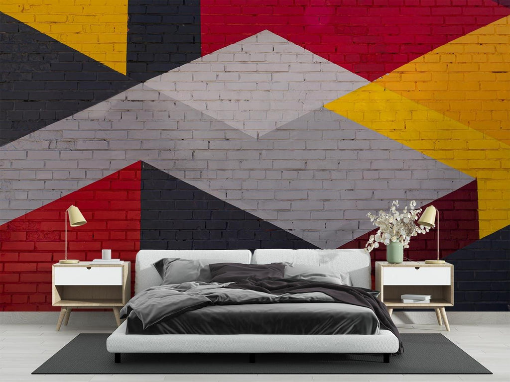 Geometric Mural Wallpaper | Modern Brick Pattern with Red and Yellow