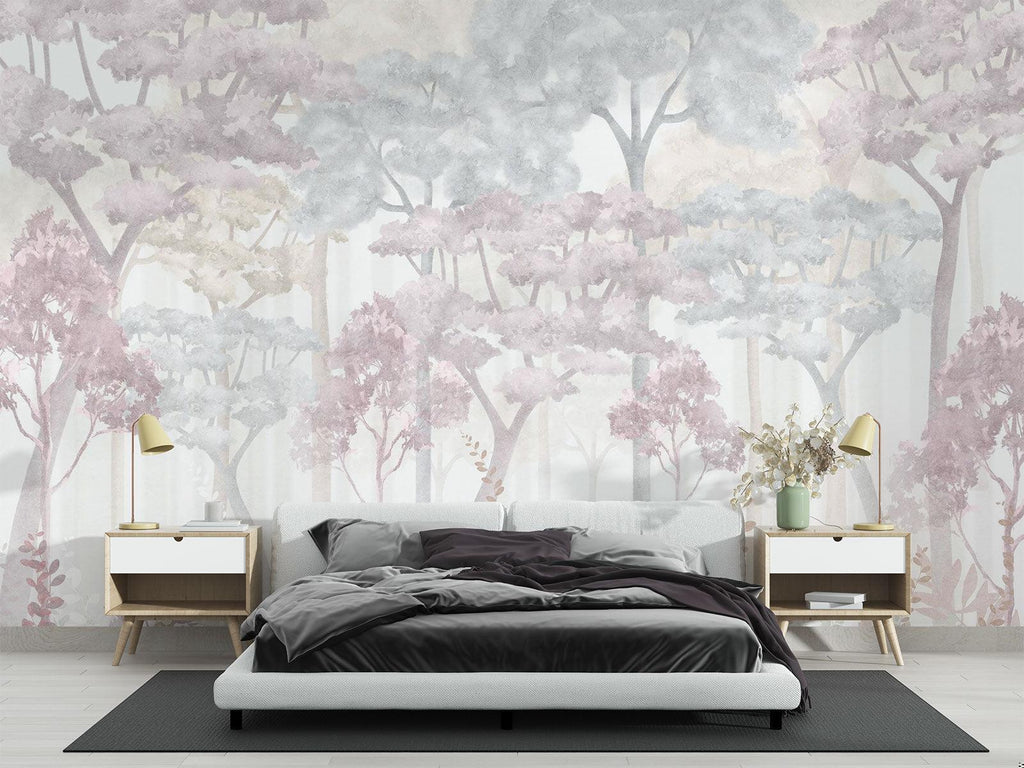 Forest Mural Wallpaper | Dreamy Pink and Grey Watercolor Trees