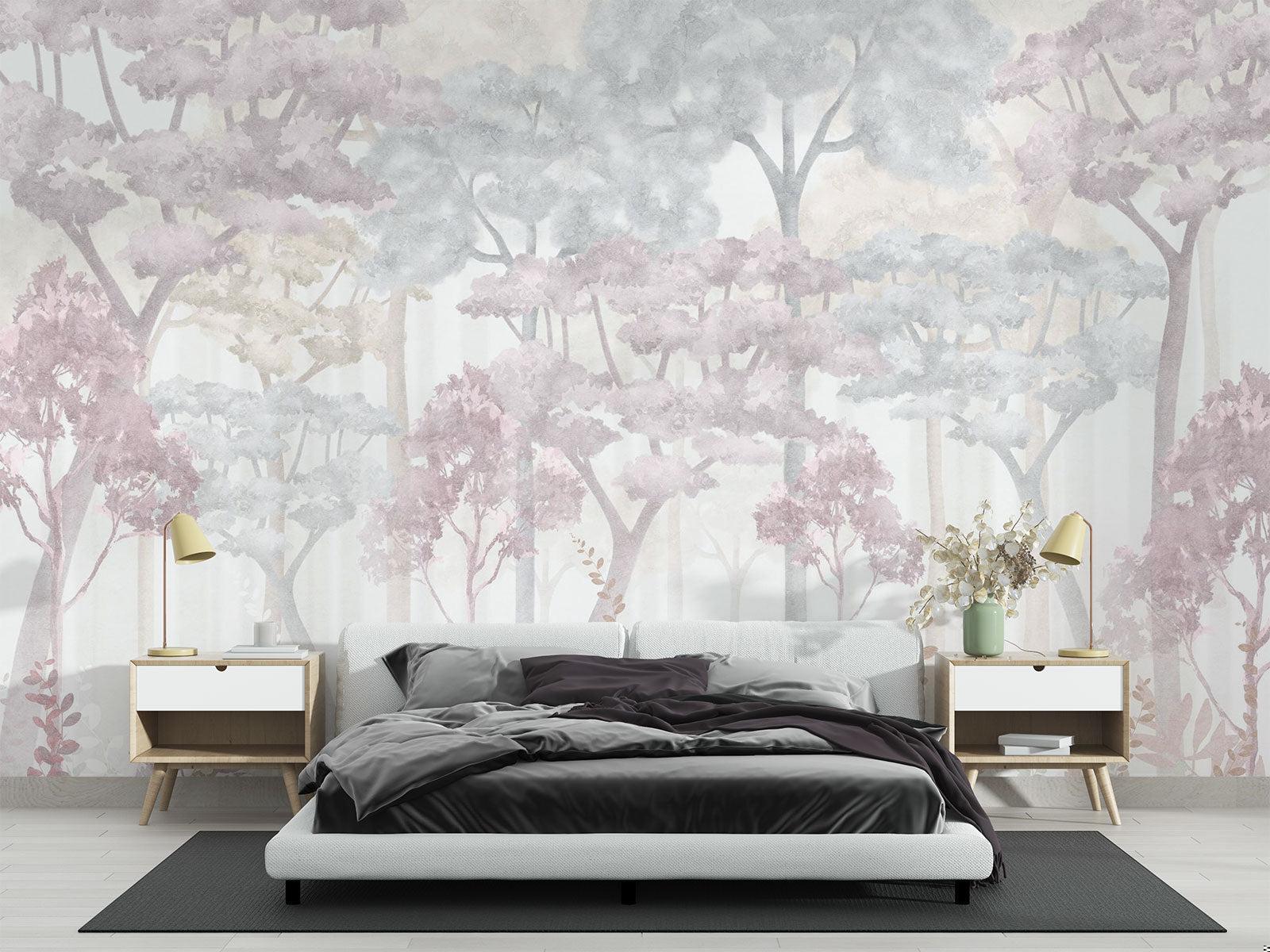 Forest Mural Wallpaper | Dreamy Pink and Grey Watercolor Trees