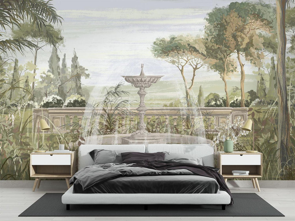 Garden Mural Wallpaper | Vintage Fountain With Palm Trees