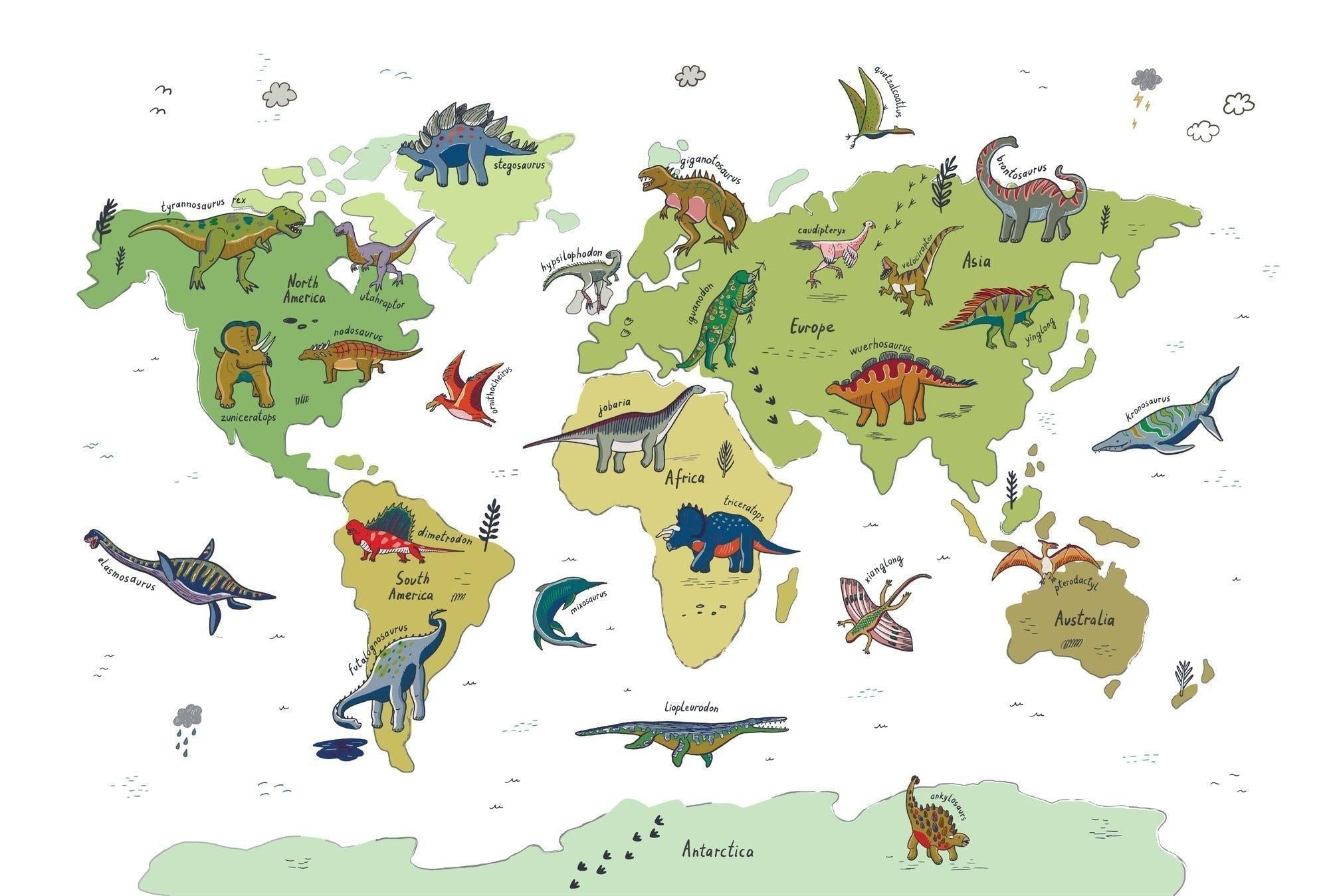 Dinosaur Mural Wallpaper | World Map Educational Design