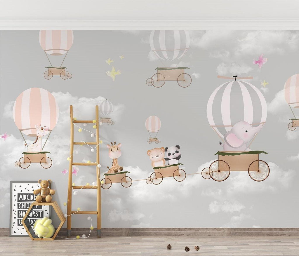 Hot Air Balloon Mural Wallpaper | Animal Adventure in Pink and Grey