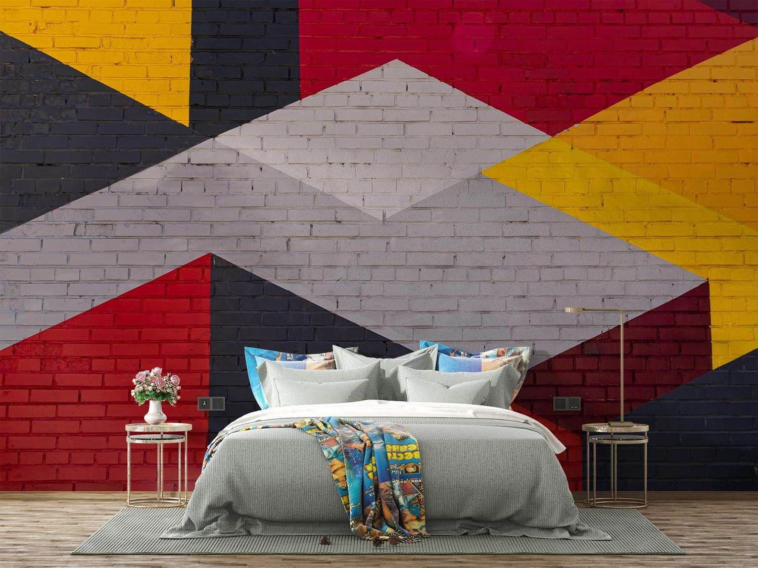 Geometric Mural Wallpaper | Modern Brick Pattern with Red and Yellow