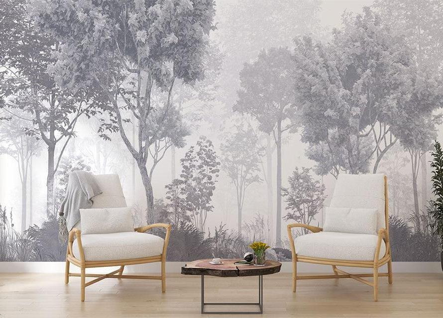 Forest Mural Wallpaper | Misty Grey Tree Landscape