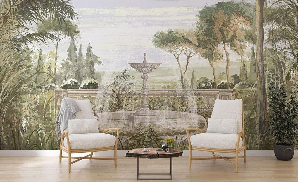 Garden Mural Wallpaper | Vintage Fountain With Palm Trees
