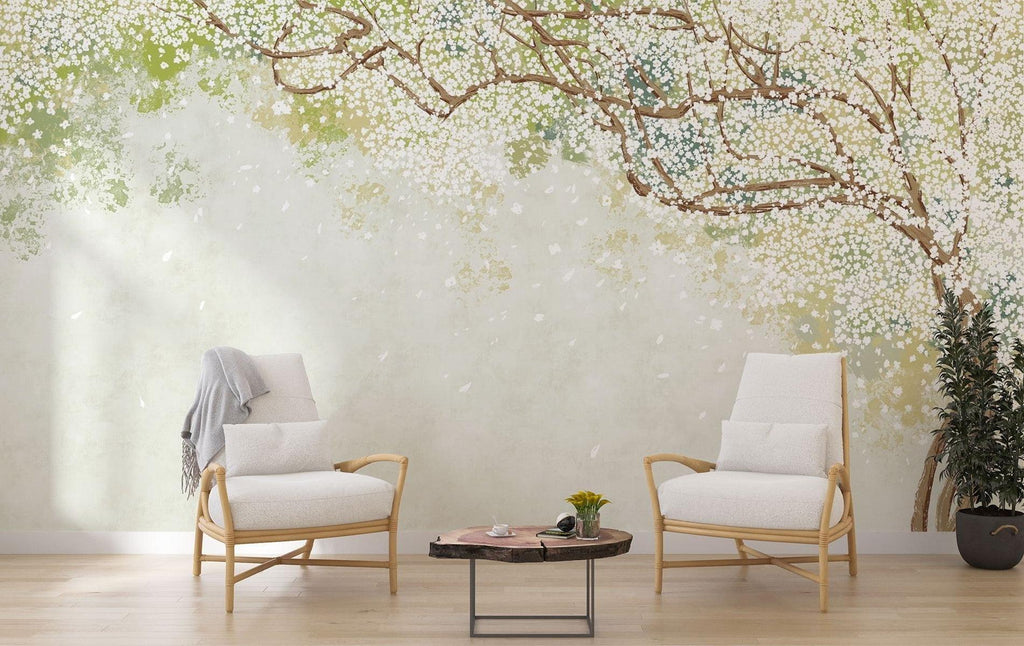 Cherry Blossom Mural Wallpaper | Soft White Watercolor Design