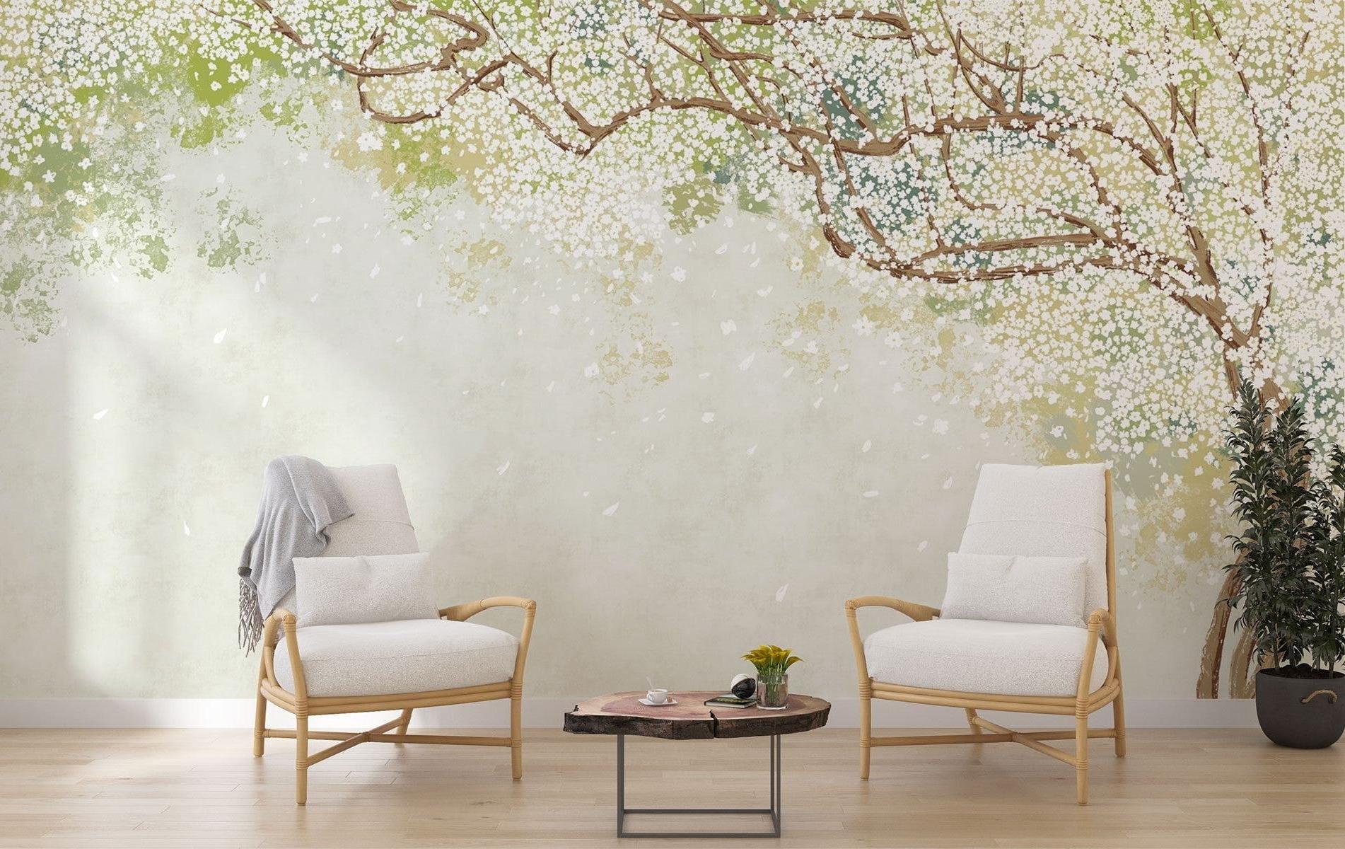 Cherry Blossom Mural Wallpaper | Soft White Watercolor Design