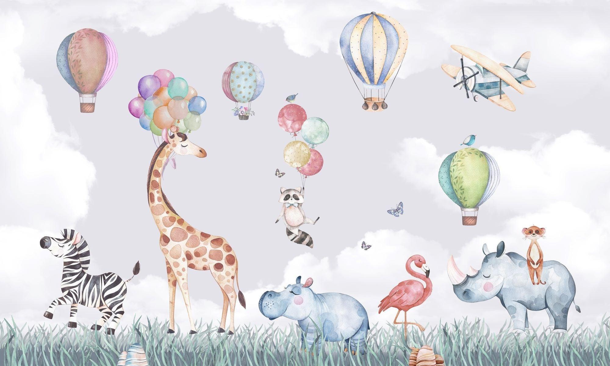 Safari Animals Mural Wallpaper | Watercolor Hot Air Balloon Adventure