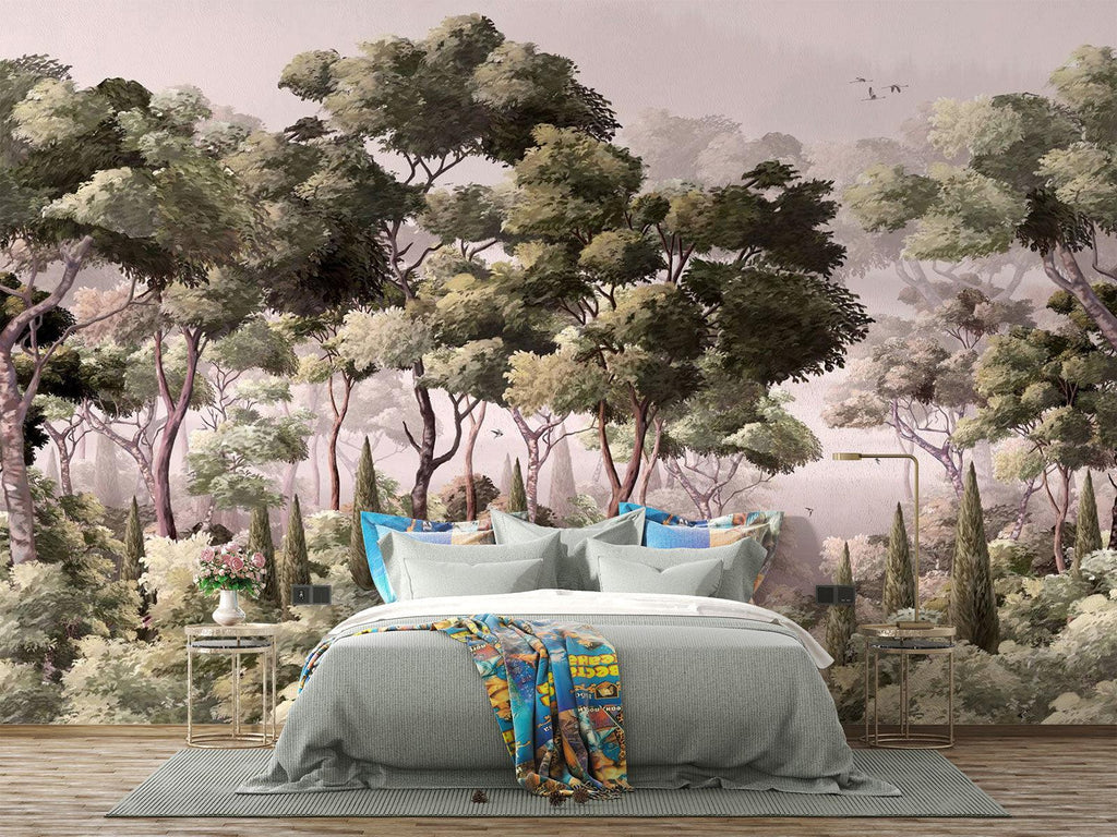 Forest Mural Wallpaper | Misty Green Woodland Scene