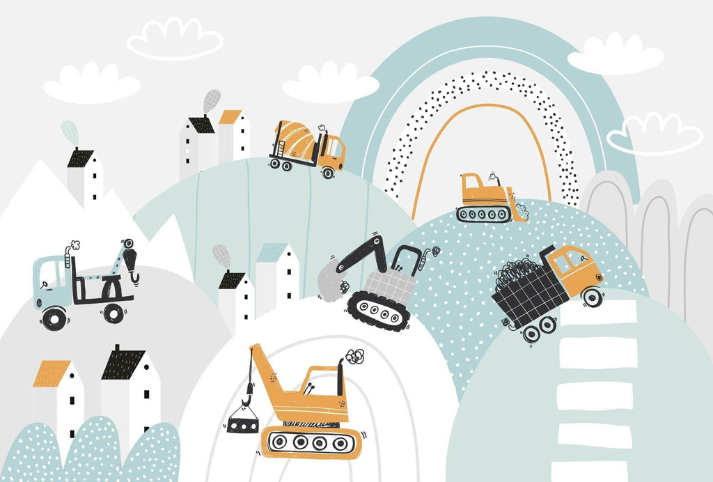 Construction Mural Wallpaper | Playful Vehicle Scene With Rainbow