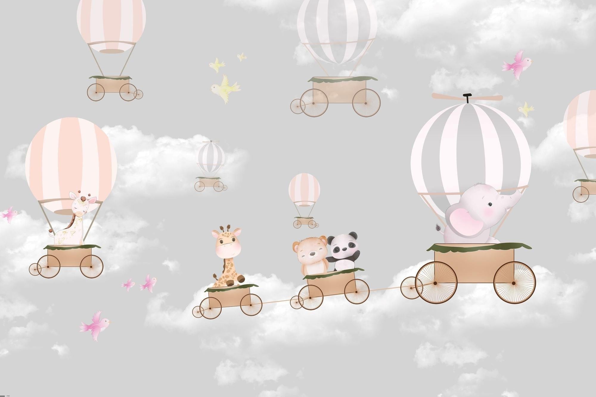 Hot Air Balloon Mural Wallpaper | Animal Adventure in Pink and Grey