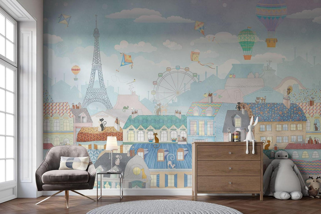 Paris Mural Wallpaper | Whimsical Cityscape With Hot Air Balloons