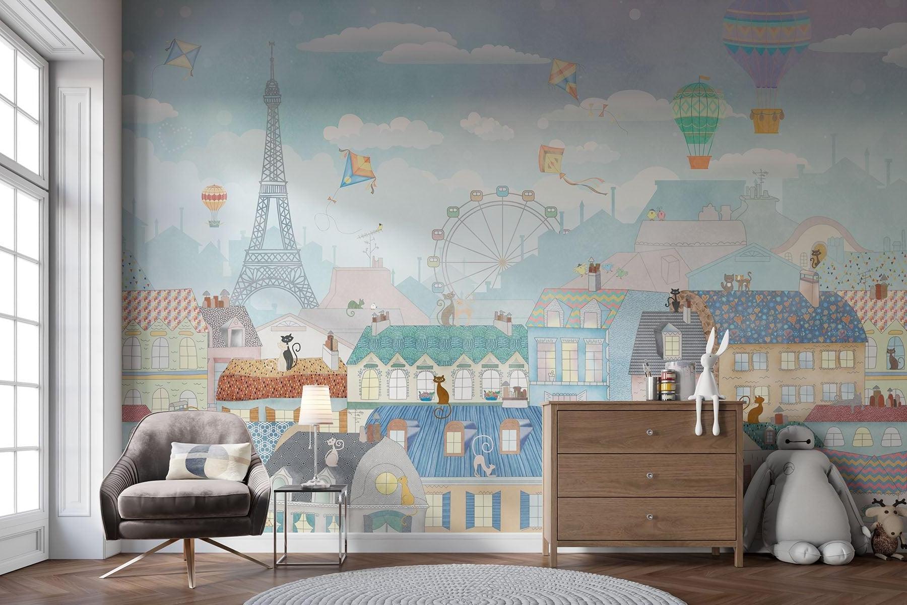 Paris Mural Wallpaper | Whimsical Cityscape With Hot Air Balloons