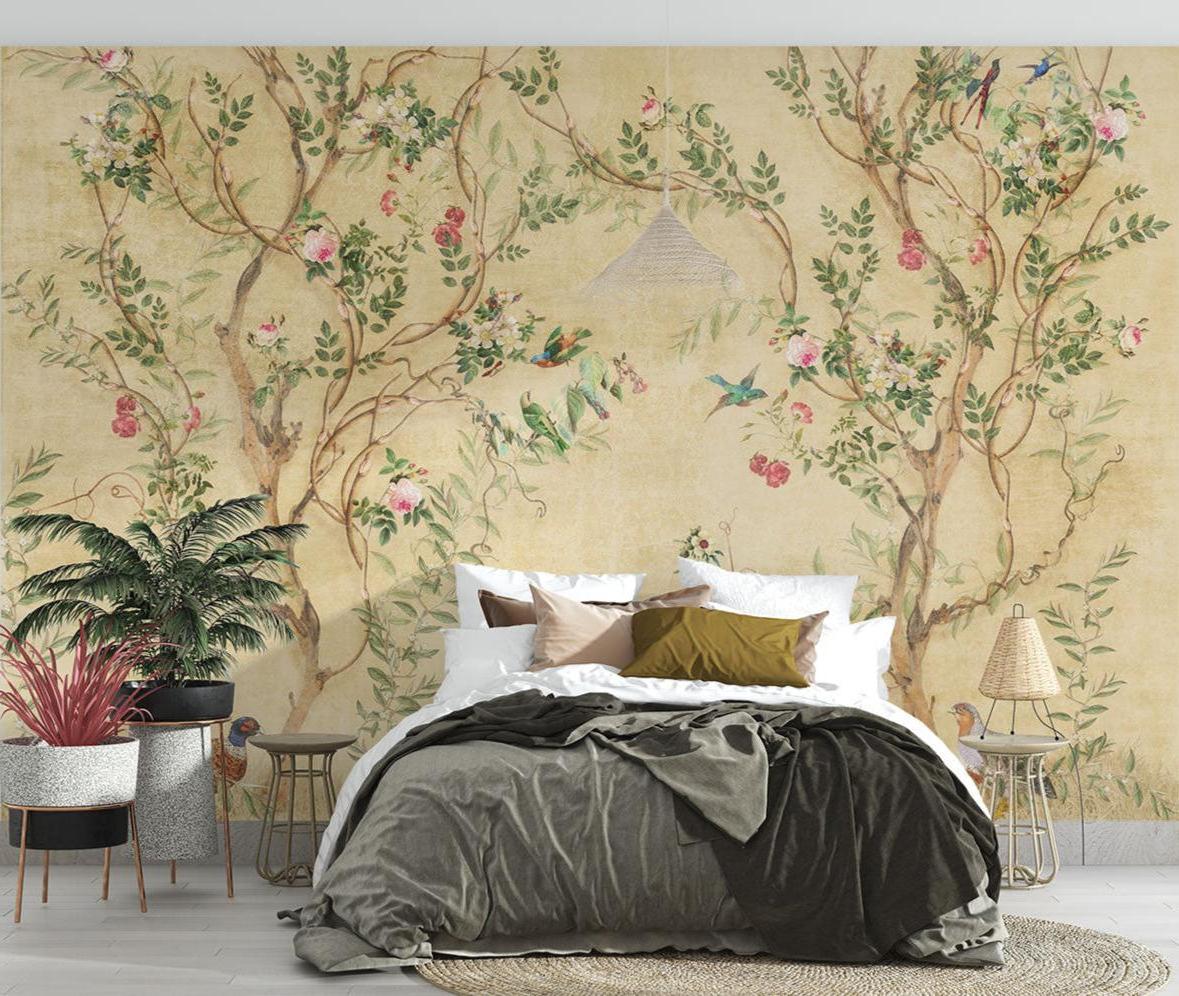 Vintage Floral Mural Wallpaper | Birds and Roses Chinoiserie Design