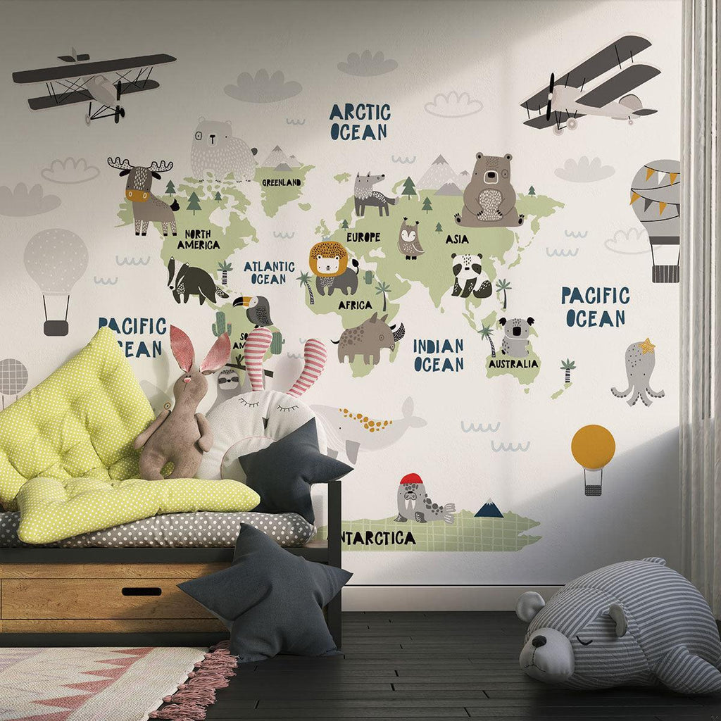 World Map Mural Wallpaper | Kids Adventure Theme with Animals