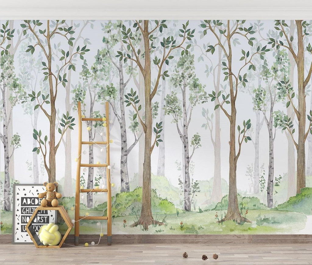 Forest Mural Wallpaper | Watercolor Tree Design With Green Leaves