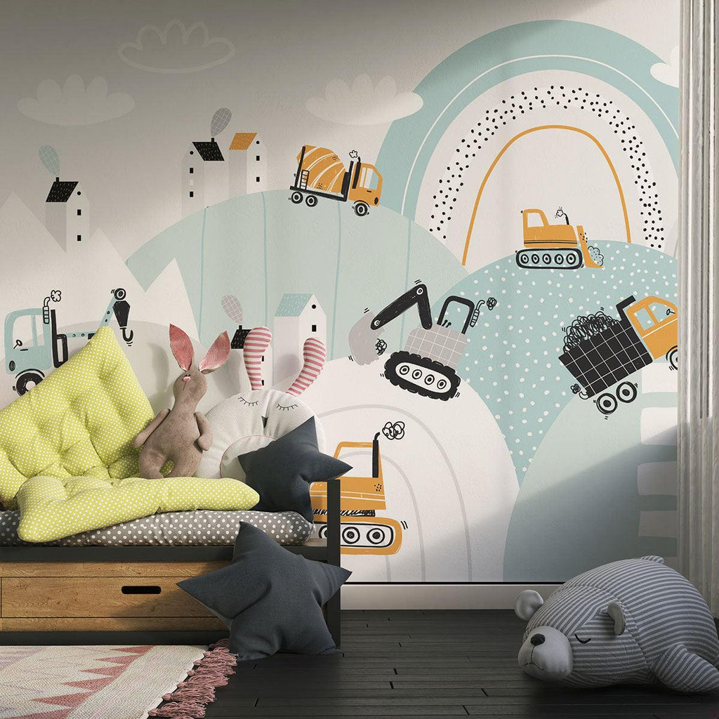 Construction Mural Wallpaper | Playful Vehicle Scene With Rainbow