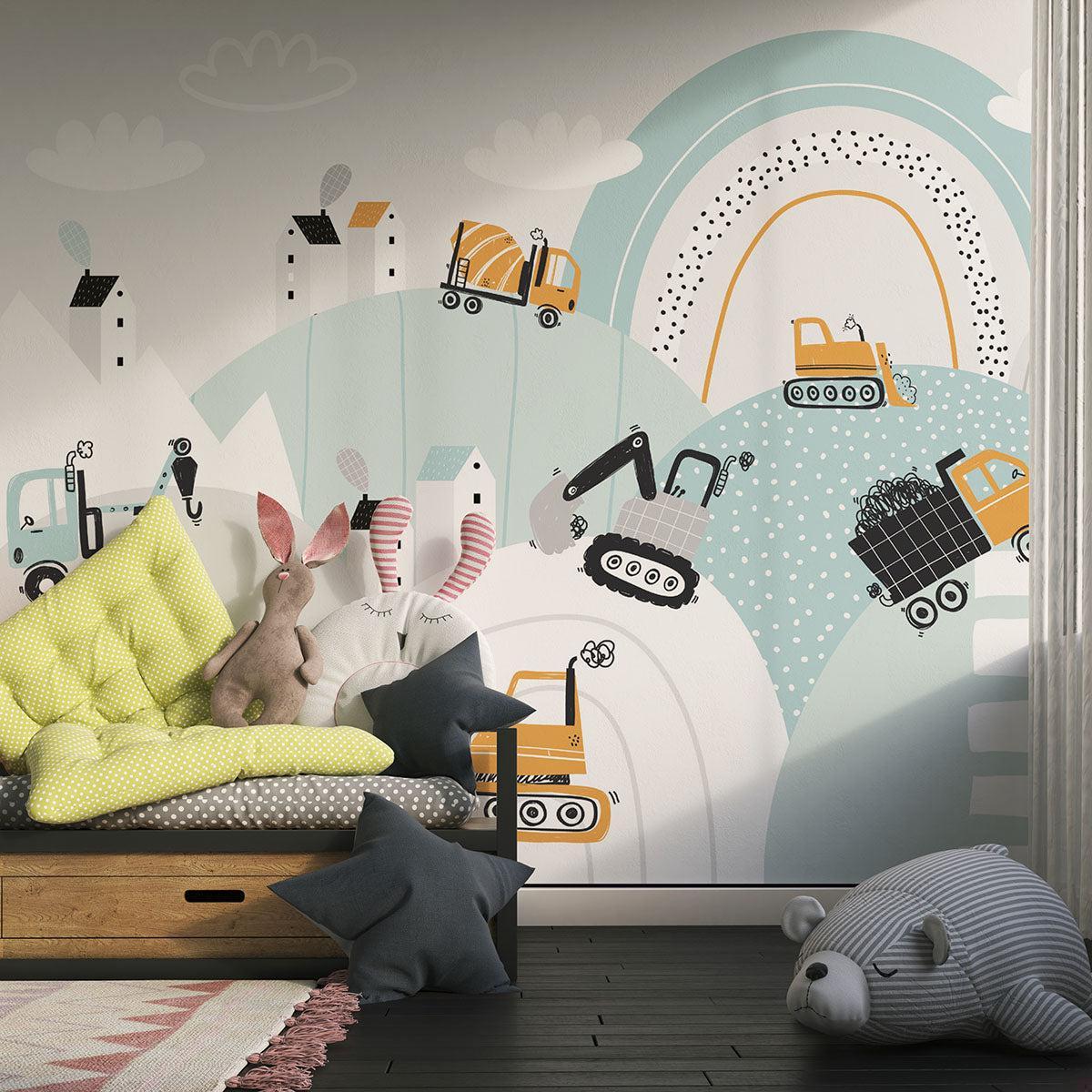 Construction Mural Wallpaper | Playful Vehicle Scene With Rainbow