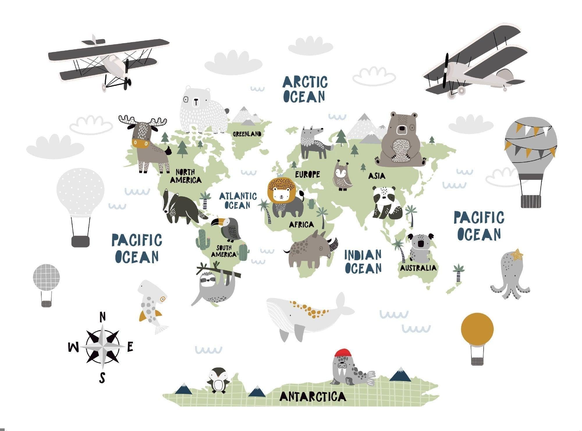 World Map Mural Wallpaper | Kids Adventure Theme with Animals
