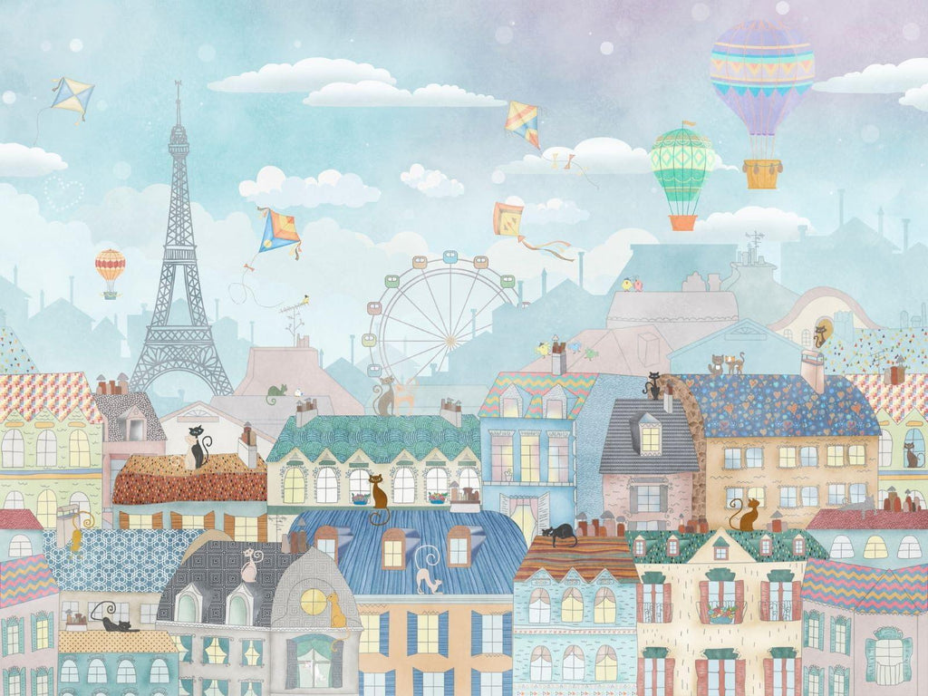 Paris Mural Wallpaper | Whimsical Cityscape With Hot Air Balloons