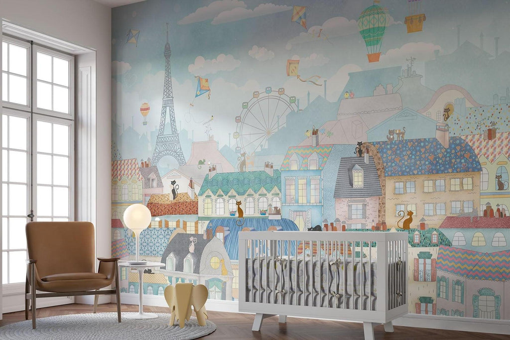 Paris Mural Wallpaper | Whimsical Cityscape With Hot Air Balloons