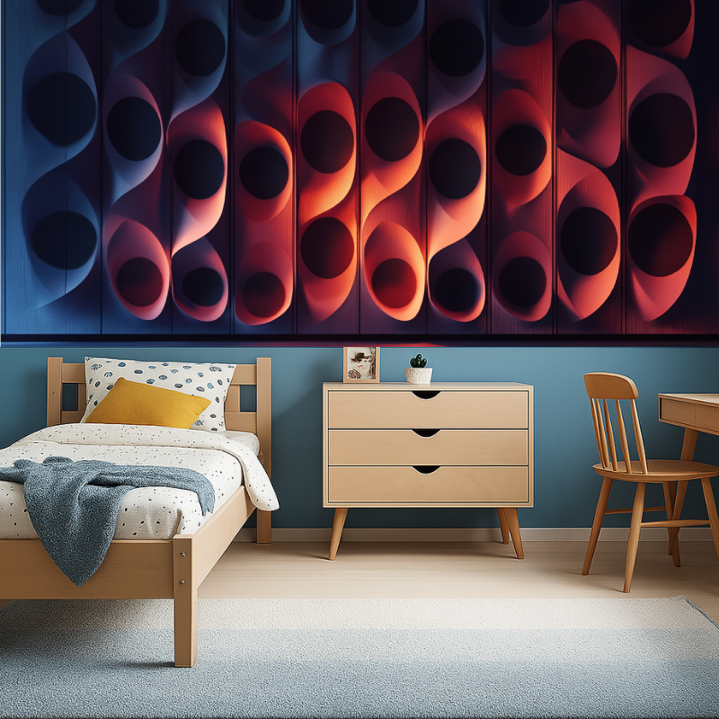 Dining room showcasing geometric circle pattern wallpaper with 3D effect