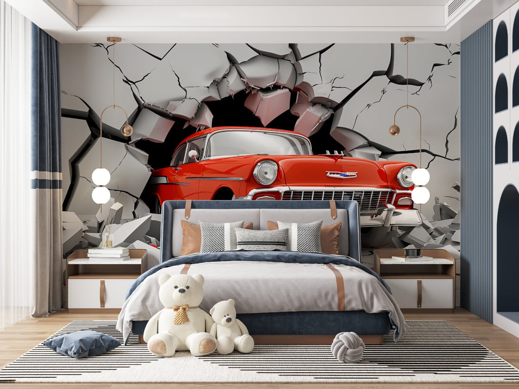 3D car wallpaper creating dramatic effect in modern living room with grey sofa and minimalist decor