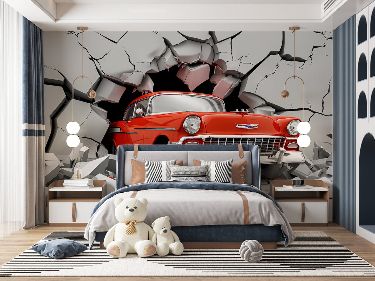 3D car wallpaper creating dramatic effect in modern living room with grey sofa and minimalist decor