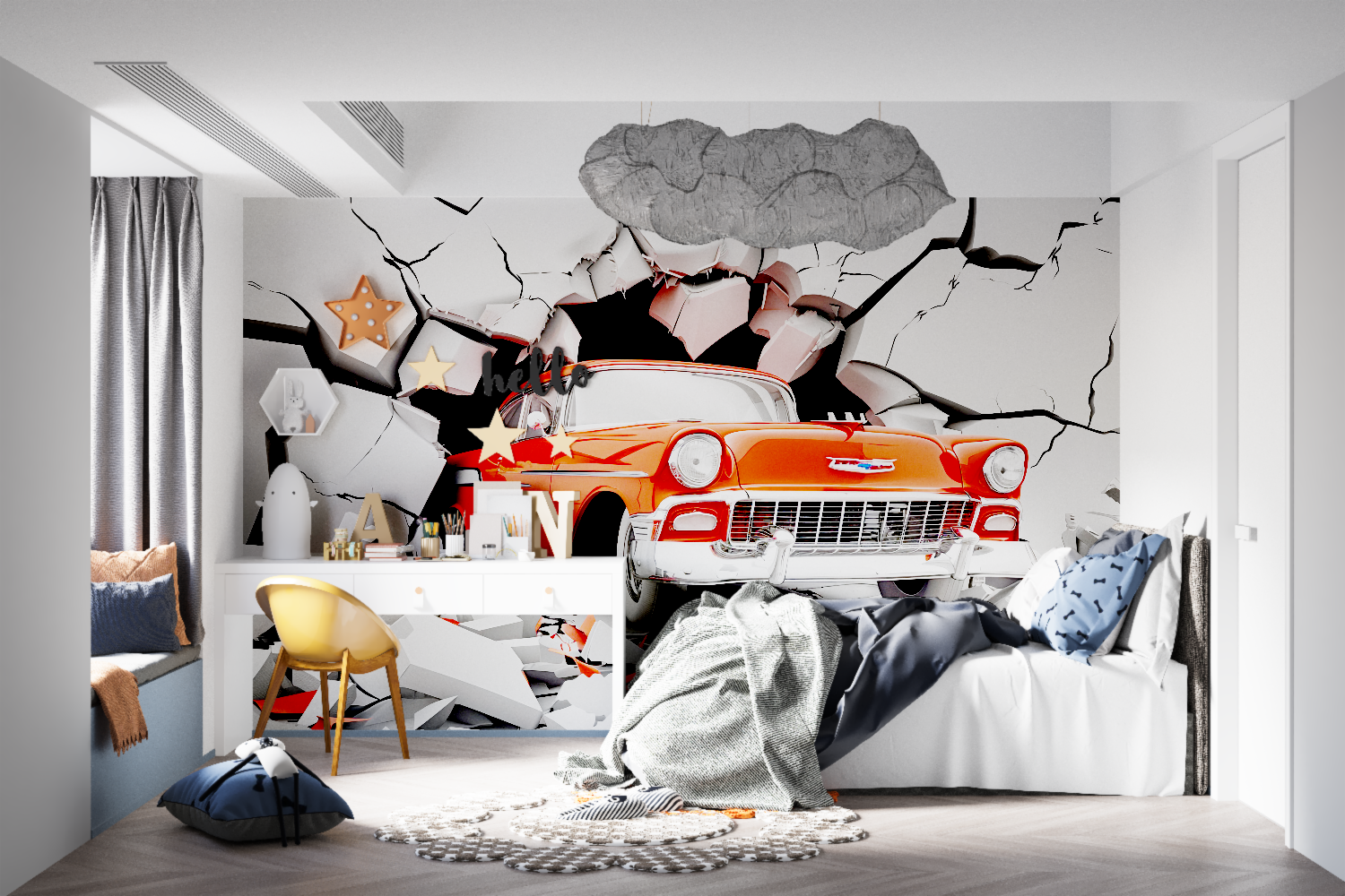 Vintage car breaking wall mural installed in teen bedroom showing incredible depth effect