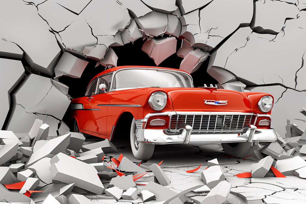 Design file showing detailed 3D vintage car breaking through concrete wall pattern