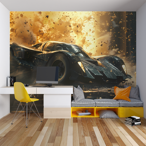 Vintage auto breaking wall mural installed in teen bedroom showing amazing depth effect
