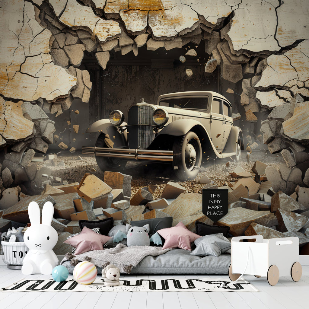 Vintage car wallpaper creating dramatic effect in home office space