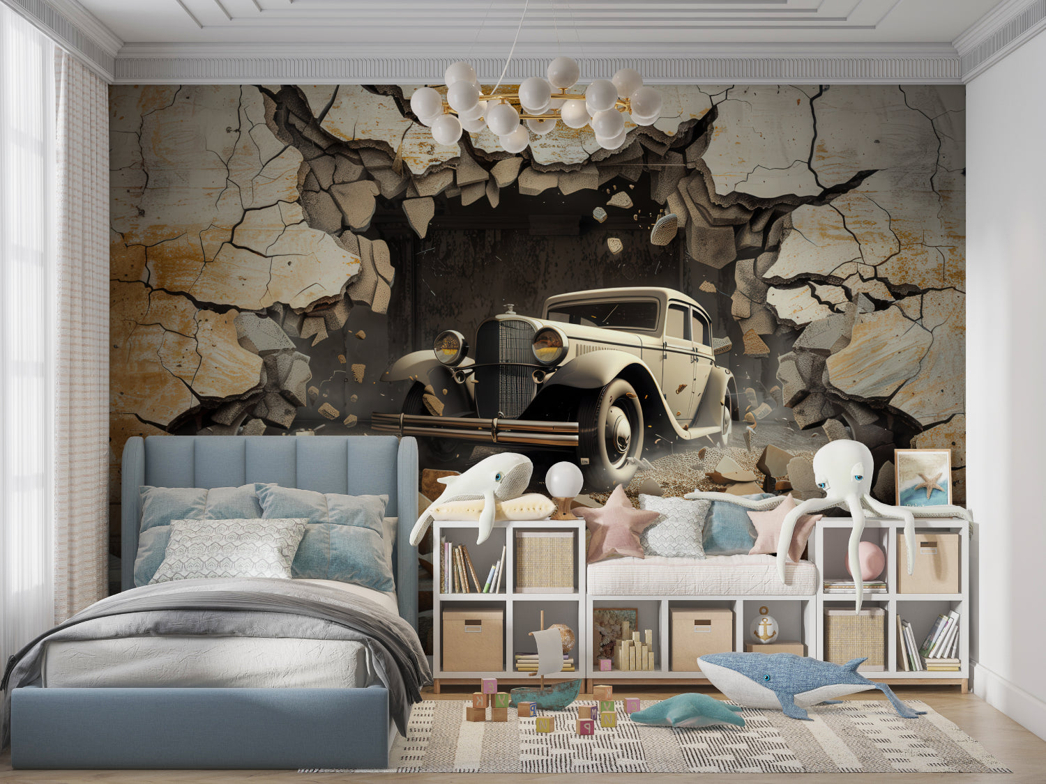 3D breaking wall mural featuring classic car in stylish man cave setup