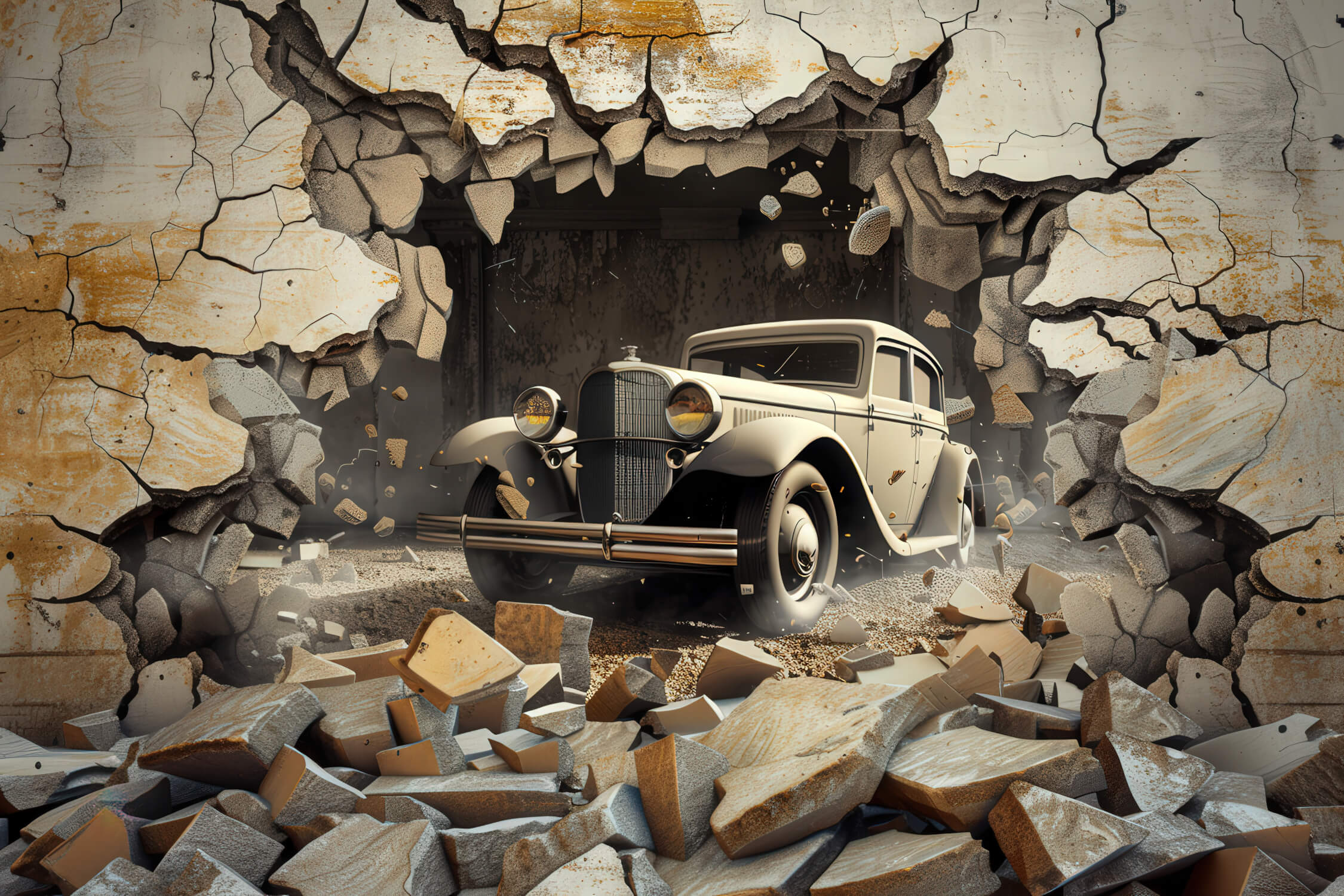 Design file of 3D car mural wallpaper showing detailed vintage automobile breaking through wall pattern